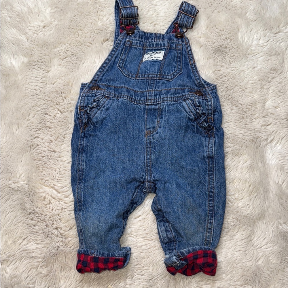 🍄12m Osh Kosh plaid lined Blue Denim Kids Overalls